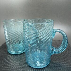 Hand Blown Blue Optic Swirl Glass Mug Cup Set 2 Cups Mugs Hang Made Glassware